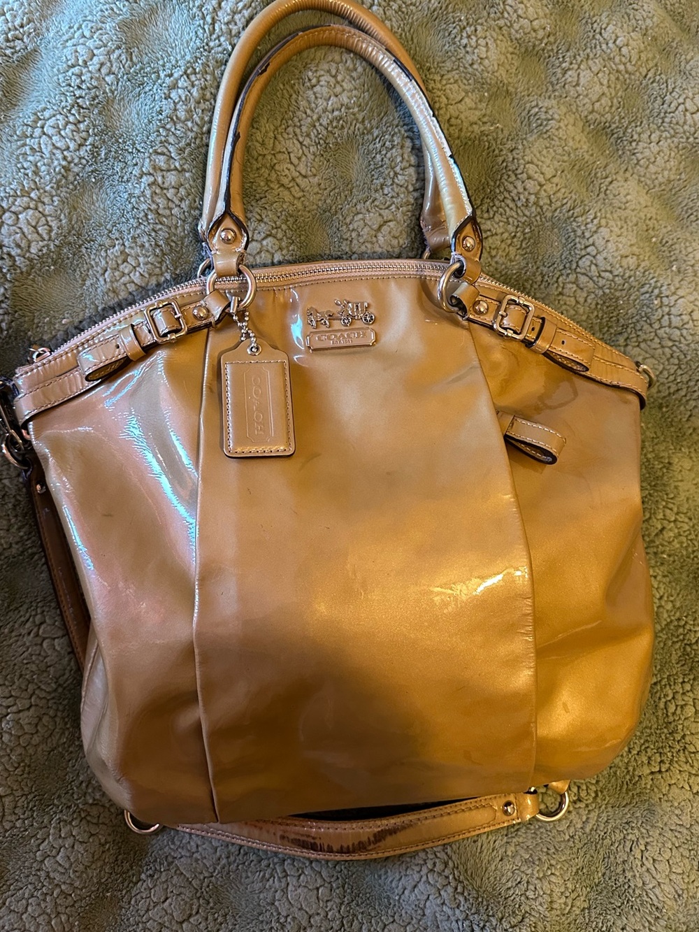 Coach Patent Leather Madison Lindsey Satchel Bag in Tan Bronze/Silver hardware